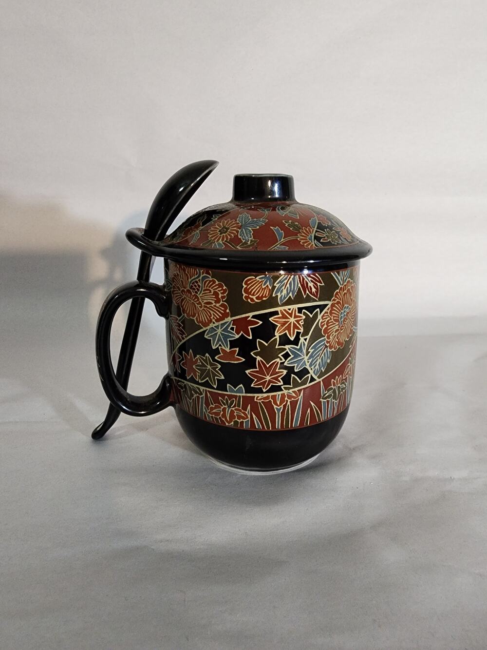 SALE 3/$25 Japanese Style Lidded Tea Mug With Spoon Red Black Floral Ceramic